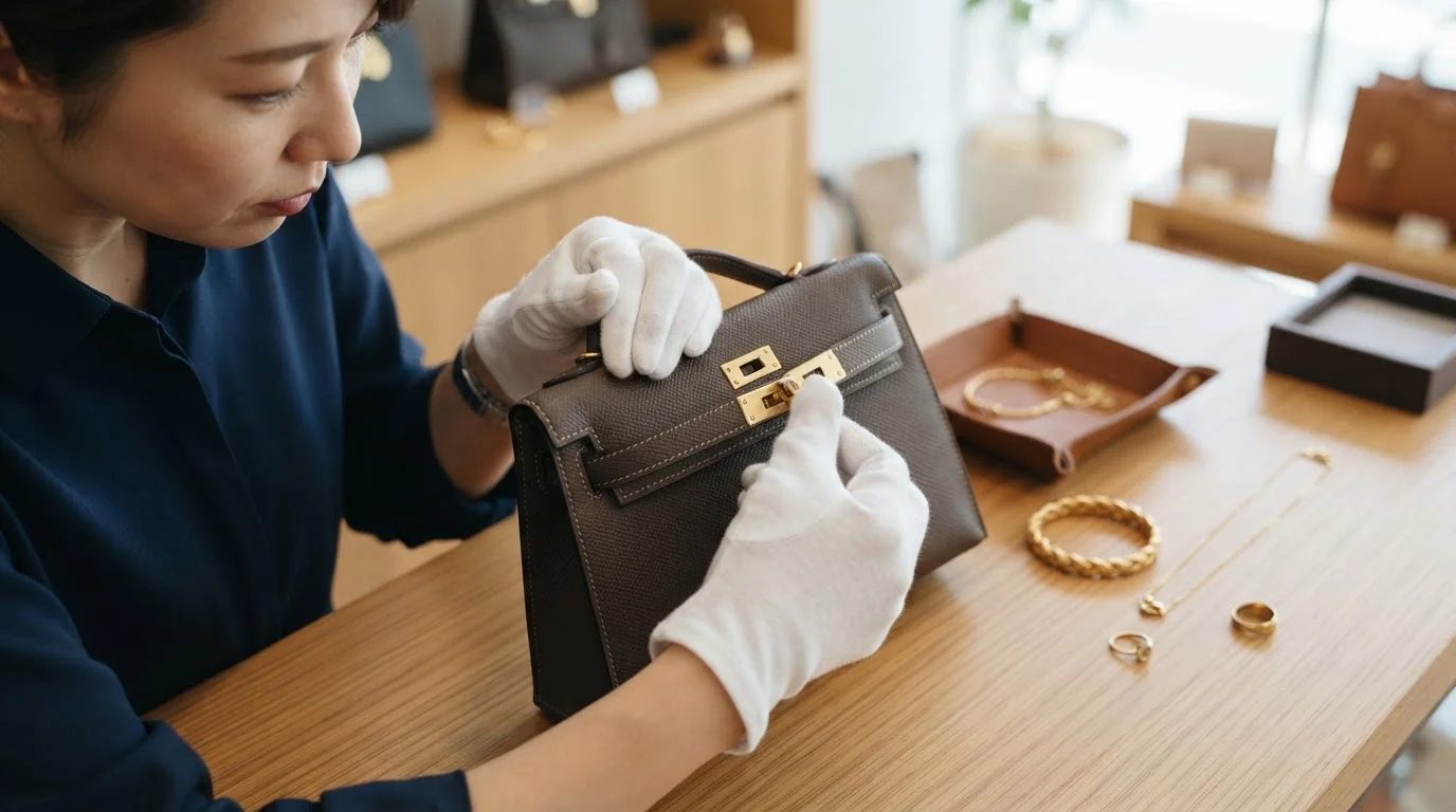 査定用のルーペと貴金属を確認している手元