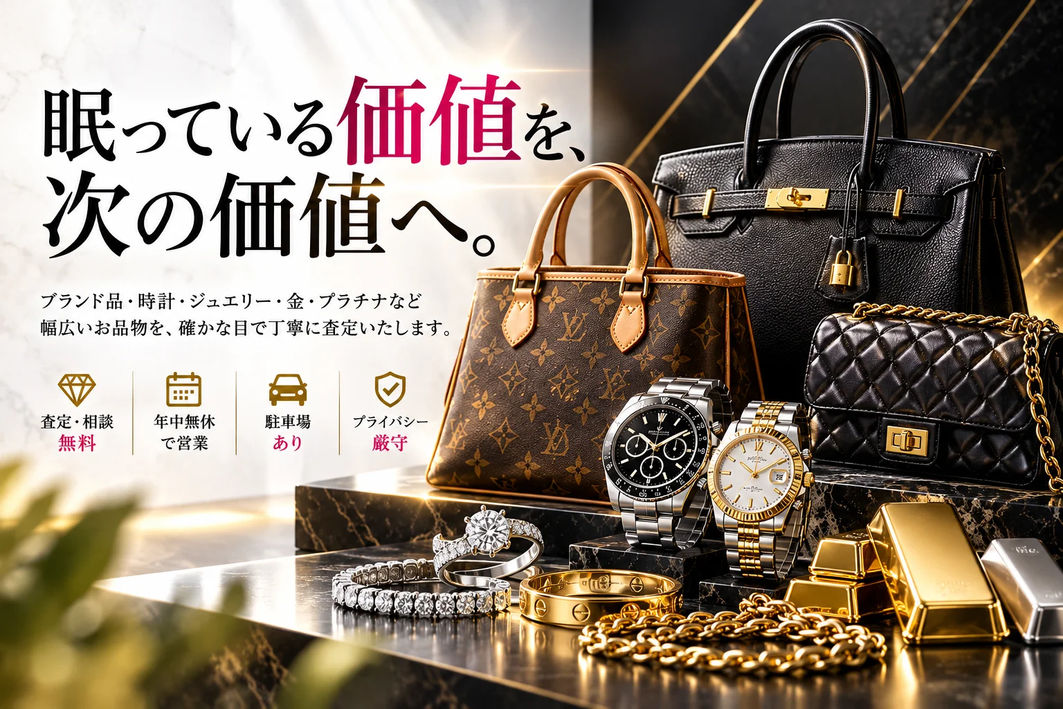 ブランドバッグ・腕時計・ジュエリー・金のインゴットが並ぶ「眠っている価値を、次の価値へ。」のバナー