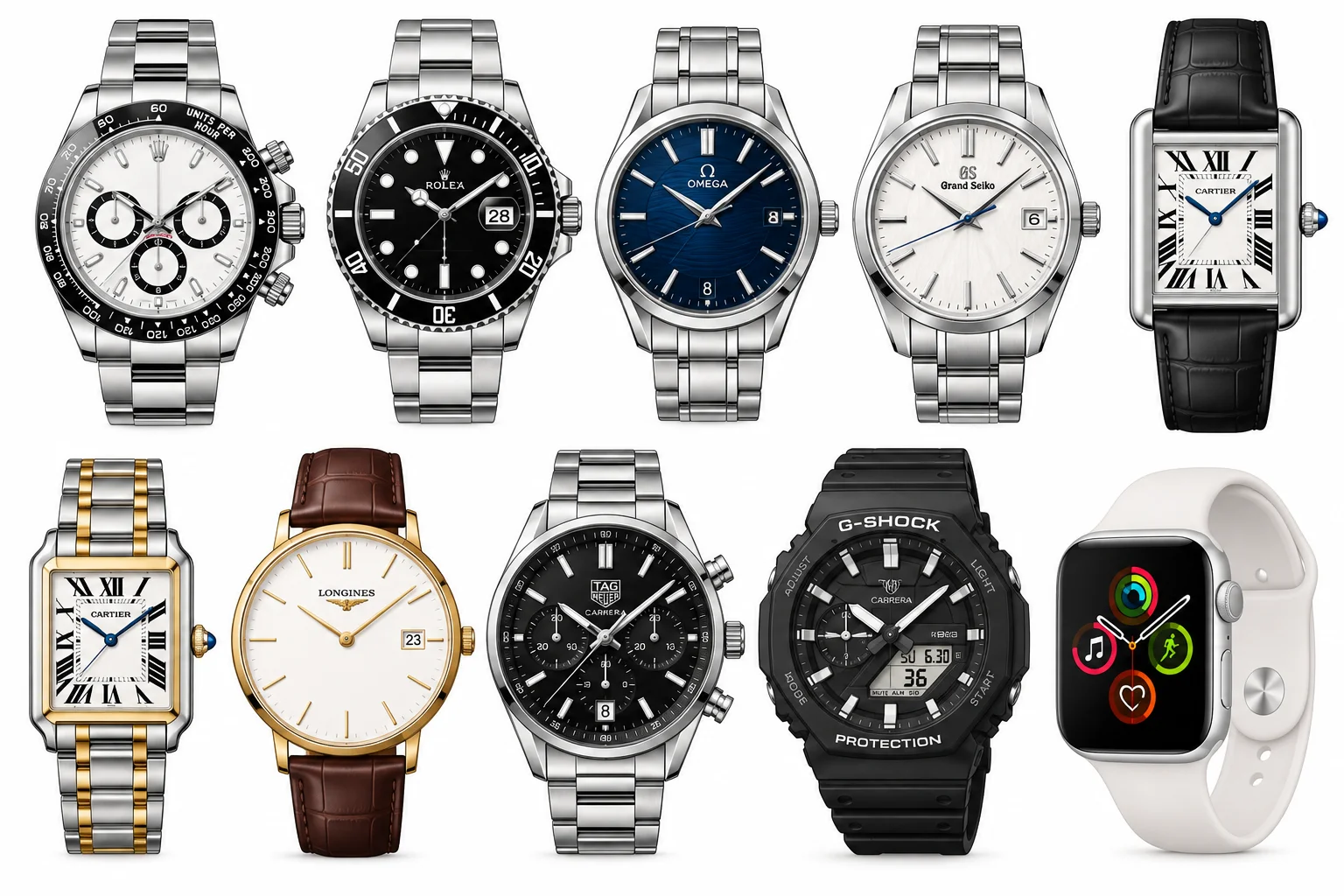 ロレックス・オメガ・グランドセイコー・カルティエ・ロンジン・タグ・ホイヤー・G-SHOCK・Apple Watchなど、さまざまな腕時計が並ぶ写真