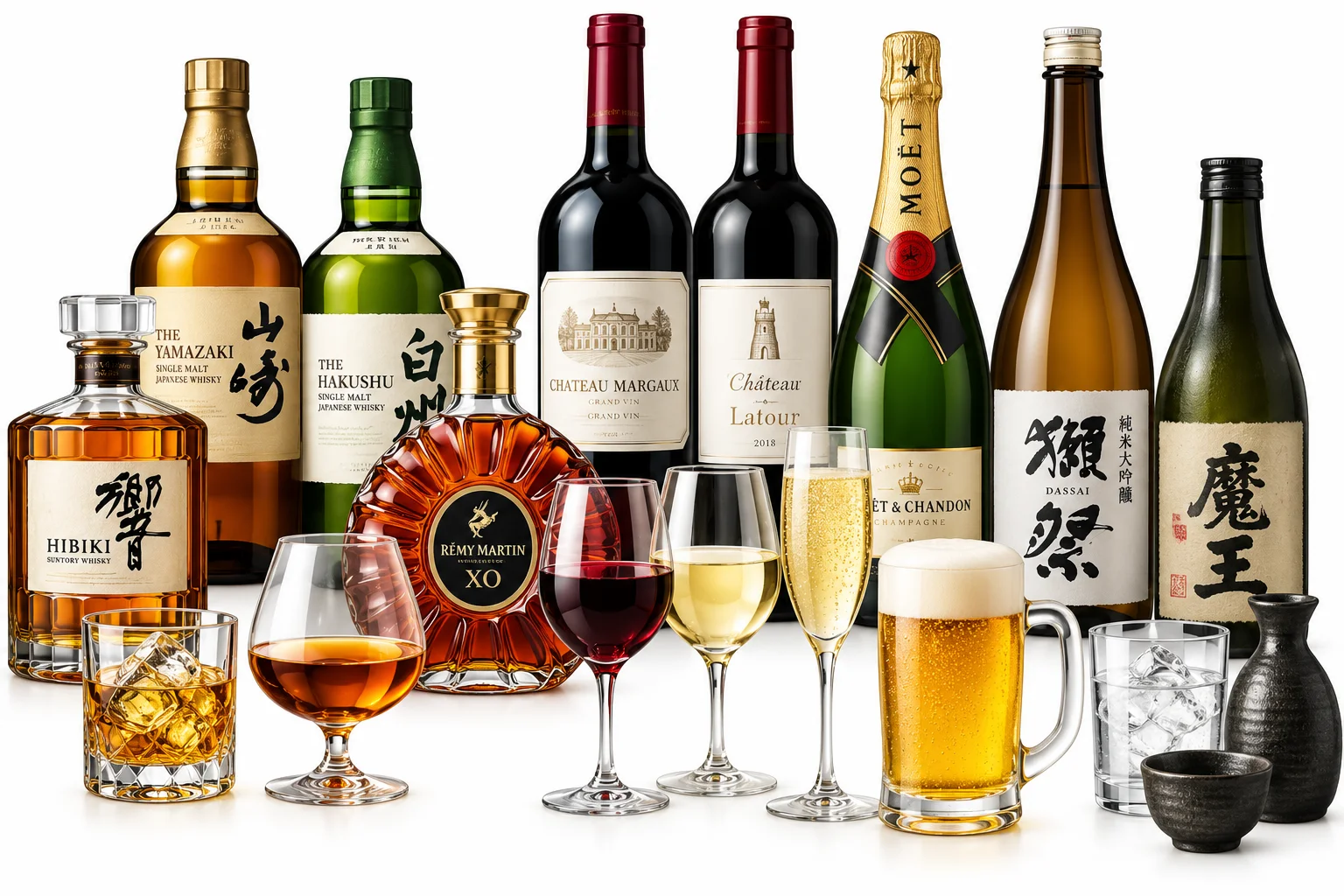 ウイスキー・ワイン・シャンパン・日本酒のボトルとグラス、ビールジョッキが並ぶお酒のコレクション