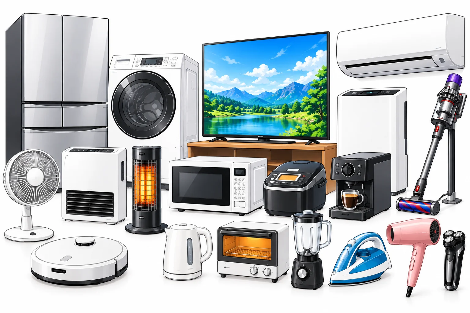 冷蔵庫・洗濯機・テレビ・エアコンなどの家電がそろったイラスト